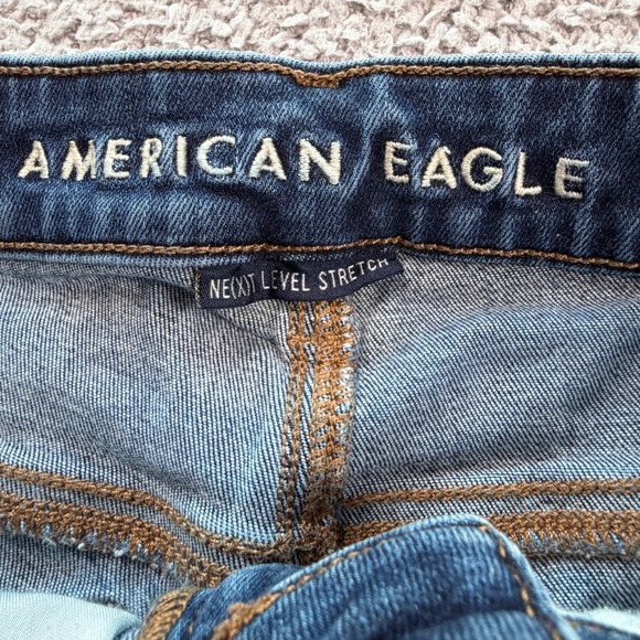 American Eagle Denim Shorts Hi-Rise Shortie 00 Distressed Dark Wash Frayed Hem - Picture 5 of 8